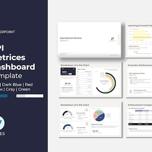 Könnte beinhalten: Eine PowerPoint-Vorlage für ein KPI-Metriken-Dashboard mit 27 Folien. Die Vorlage verfügt über ein blaues, dunkelblaues, rotes, gelbes, graues und grünes Farbschema. Die Vorlage enthält Diagramme, Grafiken und Tabellen, um Ihnen bei der Verfolgung Ihrer wichtigsten Leistungsindikatoren zu helfen.