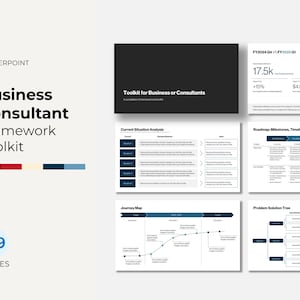 May include: A PowerPoint presentation titled "Business Consultant Framework Toolkit" with 49 slides. The presentation includes charts, graphs, and text, with a color palette of red, blue, and beige.
