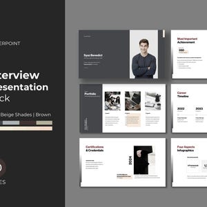 Puede incluir: Una plantilla de presentación para una entrevista, con un fondo gris oscuro y acentos beige. La plantilla incluye diapositivas para un portafolio, una línea de tiempo de carrera, certificaciones y credenciales, y cuatro aspectos infográficos. El texto "Interview Presentation Deck" se muestra en blanco sobre un fondo negro.