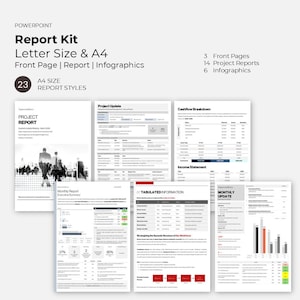May include: A PowerPoint Report Kit with Letter Size and A4 options. The kit includes 3 front pages, 14 project reports, and 6 infographics. The design features a clean layout with text and charts, suitable for business presentations.