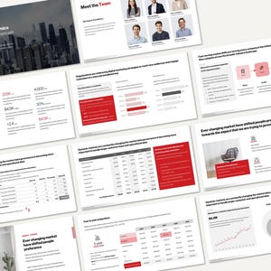 Puede incluir: Una colección de diapositivas de presentación de negocios con un diseño moderno. Las diapositivas presentan visualizaciones de datos, gráficos y texto, incluidas las frases "New Market Dynamics" y "Meet the Team". La combinación de colores es principalmente blanca y roja.