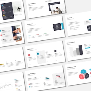 Puede incluir: Una presentación de diapositivas con fondo blanco y texto negro. Las diapositivas contienen gráficos, tablas y texto sobre una solución empresarial. Las diapositivas están numeradas del 1 al 4. El texto en las diapositivas incluye "Nuestra solución", "Público objetivo", "Análisis de mercado" y "Propuesta de valor".