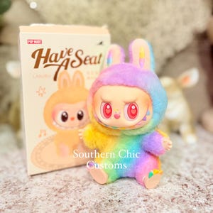 Custom Pastel Rainbow  Have A Seat DadaLabubu – Pop Mart Art Toy – Handcrafted Designer Figure – One of a Kind Collectible