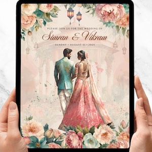 Modelo de convite de casamento indiano - aquarela pastel elegante - 6 páginas