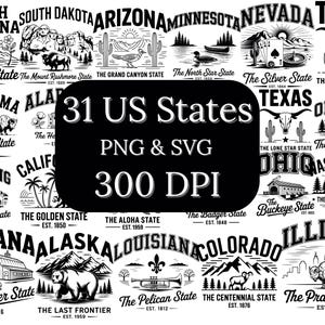 31 US States Artboard PNG & SVG Bundle, Transparent Background, State Clipart Pack, Digital Download for Cricut and Sublimation