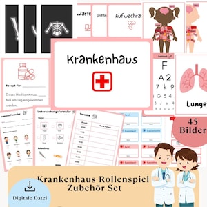 Puede incluir: Un conjunto de 45 imágenes imprimibles para un juego de rol de hospital. Las imágenes incluyen un médico, una enfermera, un paciente, equipo médico y formularios. Las imágenes son de color rosa y blanco con una cruz roja.