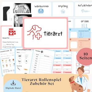 Könnte beinhalten: Ein druckbares Set mit 10 Seiten für ein Tierarzt-Rollenspiel. Die Seiten beinhalten verschiedene Formulare, wie z.B. ein Anmeldeformular, ein Untersuchungsformular, ein Rezept und eine Gesundheitskarte. Die Seiten sind mit Comic-Bildern von Hunden und Katzen illustriert. Der Text auf den Seiten ist in deutscher Sprache.