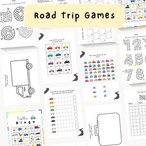 Könnte beinhalten: Eine Sammlung von druckbaren Aktivitätsblättern mit dem Titel Road Trip Games, die schwarz-weiße Strichzeichnungen von Labyrinthen, Auto-Checklisten, Fahrzeugzählaufgaben, Verkehrs-Bingo, Tic-Tac-Toe und Zeichenvorlagen für Kinder enthalten.