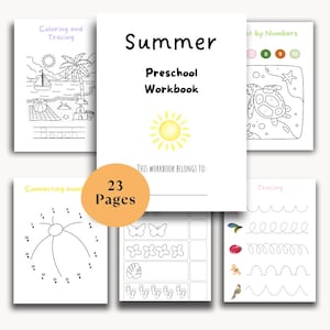 Könnte beinhalten: Ein 23-seitiges Sommer-Vorschularbeitsheft mit schwarz-weißen Übungsblättern. Das Cover zeigt den Text Summer Preschool Workbook und eine gelbe Sonnenillustration. Die Seiten enthalten Mal-, Nachspur-, Verbindungs- und Zählübungen.