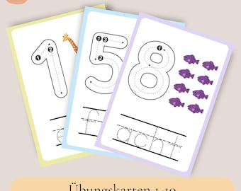 May include: Three educational practice cards featuring the numbers 1, 5, and 8 with directional arrows for tracing. The cards include illustrations of a giraffe and purple fish, along with dashed text for writing practice. A PDF-Download label is visible.