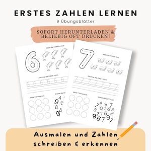 Könnte beinhalten: Schwarzweißes druckbares Arbeitsblatt zum Erlernen der Zahlen 6 und 7. Das Arbeitsblatt beinhaltet das Nachzeichnen der Zahlen, das Zeichnen der Zahlen und das Zählen von Objekten. Das Arbeitsblatt enthält auch den Text "ERSTES ZAHLEN LERNEN" und "SOFORT HERUNTERLADEN & BELIEBIG OFT DRUCKEN!"