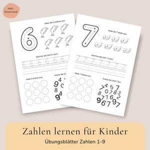 May include: Two educational worksheets for children featuring the numbers 6 and 7. Each page includes large outlines of the numbers, illustrations of dolphins or whales to color, rows for tracing the numbers, blank circles, and number grids.