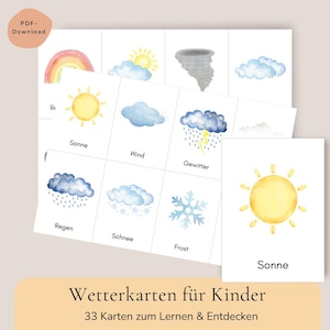 Könnte beinhalten: Ein Set aus Lernkarten mit Aquarellillustrationen verschiedener Wettererscheinungen wie Regenbogen, Sonne, Tornado, Wolken, Regen, Schnee und Frost. Jede Karte zeigt ein Wettersymbol mit der entsprechenden deutschen Textbeschriftung.