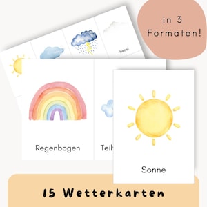 15 Wetterkarten für Kinder – Aquarell Lernkarten mit Wetterbegriffen für Kita, Vorschule, Zuhause, Homeschooling, Wetter lernen, Montessori