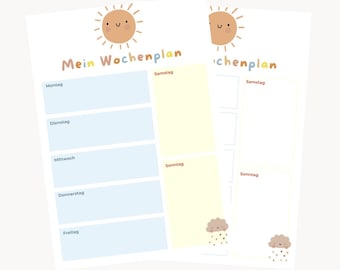 Children's weekly planner, children's weekly planners, children's weekly plans, weekly plans for children, children's sun-themed weekly planner, printable, Montessori, A4 weekly planner