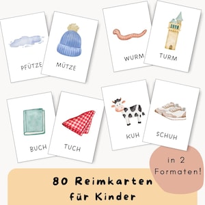 Könnte beinhalten: Eine Sammlung illustrierter Karten mit Aquarellbildern von Pfütze, Mütze, Wurm, Turm, Buch, Tuch, Kuh und Schuhen. Die Karten sind mit deutschen Wörtern beschriftet. Der Text "80 Reimkarten für Kinder" ist ebenfalls sichtbar.