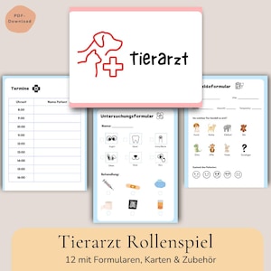 Könnte beinhalten: Ein Set aus ausdruckbaren Tierarzt-Rollenspielformularen, bestehend aus einem Terminplaner, Untersuchungsformular und Patientenbogen. Die Dokumente enthalten Tier-Icons, medizinische Symbole und deutschen Text wie Tierarzt.
