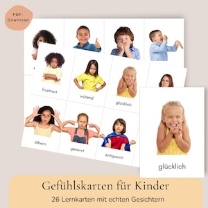 Puede incluir: Un conjunto de tarjetas educativas para niños con fotografías de diversos niños expresando varias emociones. Cada tarjeta muestra el rostro y el lenguaje corporal de un niño junto con una etiqueta de palabra en alemán como frustriert, wütend, glücklich, albern, genervt y entspannt.