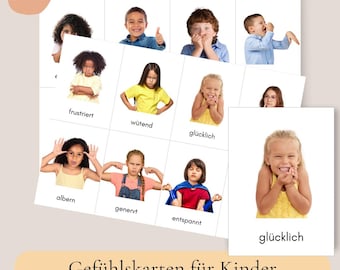 May include: A set of educational flashcards for children featuring photographs of diverse children expressing various emotions. Each card displays a child's face and body language paired with a corresponding German word label such as frustriert, wütend, glücklich, albern, genervt, and entspannt.