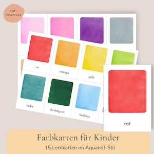 Puede incluir: Un conjunto de 15 tarjetas educativas con muestras de color estilo acuarela. Cada tarjeta muestra un cuadrado de color sólido con su nombre correspondiente impreso en alemán debajo. Los colores incluyen rojo, naranja, amarillo, verde, azul y rosa.