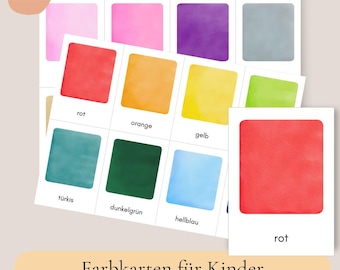 May include: A set of 15 educational flashcards featuring watercolor-style color swatches. Each card displays a solid color square with its corresponding name printed in German below. The colors include red, orange, yellow, green, blue, and pink.