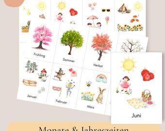 16 flashcards for children – 12 months and 4 seasons, month download, daycare, kindergarten, preschool, learning cards, learning templates, Montessori