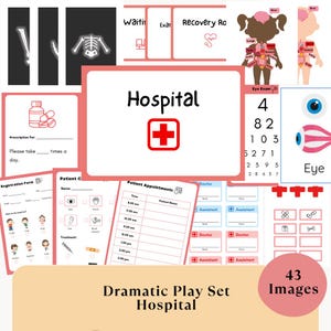 Könnte beinhalten: Eine Sammlung von 43 Bildern für ein Krankenhaus-Rollenspiel-Set. Enthält Formulare, Sehtafeln, Körperdiagramme und ein Schild mit der Aufschrift "Hospital" und einem roten Kreuz. Für pädagogisches Spielen.