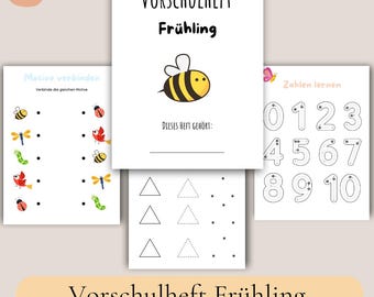 Può includere: Un quaderno prescolare intitolato Vorschulheft Frühling con un'illustrazione di un'ape. Le pagine includono attività di abbinamento con insetti, tracciamento dei numeri da 0 a 10 ed esercizi di tracciamento di forme triangolari.