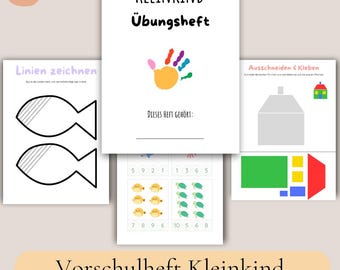 May include: A digital activity workbook for toddlers featuring a cover titled Kleinkind Übungsheft with a colorful handprint graphic. The pages include exercises for drawing lines on fish shapes, cutting and pasting geometric forms, and counting.