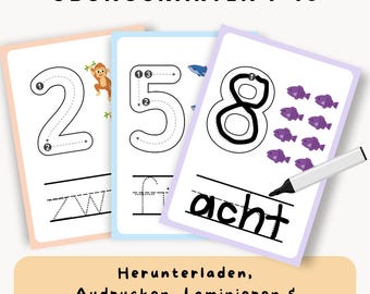 Zahlen schreiben lernen 1-10, Zählen, Zahlen Karten für Grundschüler, Vorschule, Kindergarten, Homeschooling, Montessori, Flashcards