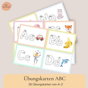 Puede incluir: Un conjunto de tarjetas educativas del alfabeto con las letras A a D, que incluyen flechas direccionales para practicar el trazo. Cada tarjeta muestra la letra en mayúscula y minúscula junto a ilustraciones en acuarela de un coche, plátano, payaso y delfín.