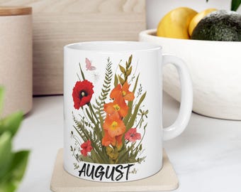 August Birth Flower Mug, Gladiolus & Poppy Floral Design