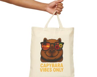 Cute Capybara Vibes Only Tote Bag - Colorful Vacation Capybara Bag for Kids and Teens, Capybara Lovers, Youthful Canvas Tote,Tropical Design