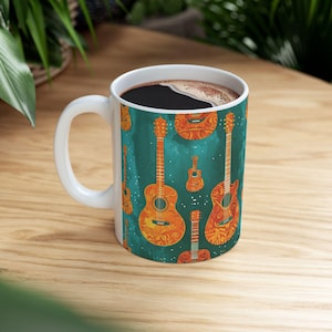 Guitar Lovers Mug, Rock and Roll Music Lover Gift, Acoustic Electric Guitar Player Ceramic Cup, Musician Hot Beverage Sip Gift, Cool Design