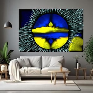 May include: An abstract artwork in blue and yellow is the focal point of a living room. The painting has a spiky, radial design. The room also features a white sofa, wooden tables, and indoor plants.