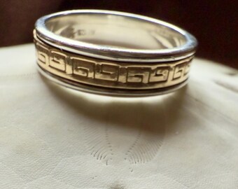 Two-Tone Greek Key 14k Sterling Silver Band Ring | Size 9