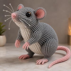 Puede incluir: Una figura decorativa de ratón hecha de pequeñas cuentas grises, blancas y rosas. El ratón presenta grandes ojos negros, orejas internas rosas, una nariz rosa y largos bigotes finos y transparentes con pequeñas cuentas en las puntas.
