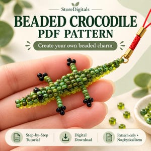 PDF-Schnittmuster für ein 3D-Perlenkrokodil, Anleitung zum Selbermachen eines Reptilien-Schlüsselanhängers und Taschenanhängers