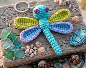 Crochet Dragonfly Keychain Amigurumi Bag Charm, Teal and Lime Plush Insect Accessory, Summer Accessory.