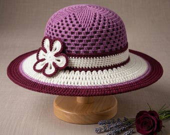 Crochet Sun Hat Pattern - Brim Summer Hat with Flower Detail - Digital Download PDF.