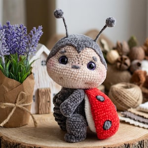 May include: A handmade crochet ladybug doll with a gray head and body, and a red and white wing. The ladybug has large, purple eyes and small antennae. The doll is sitting on a wooden surface.