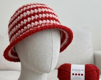 Crochet Striped Bucket Sun hat, Pink and Red, Easy Summer PDF Pattern, Digital Download.
