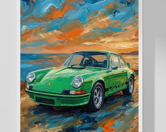 Vibrant Vintage Green Porsche 911 Sunset Beach Wall Art
