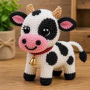 May include: A decorative cow figurine crafted from small white, black, and pink beads. The cow features gold-toned bead horns, a red beaded collar with a small gold-coloured metal bell, and large black eyes. The body has black spots on a white base.