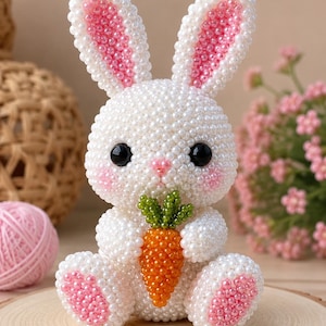 Könnte beinhalten: Eine kleine Hasenfigur aus weißen, rosa und orangefarbenen Perlen. Der Hase hat große schwarze Augen, innen rosa perlenbesetzte Ohren und Wangen und hält eine leuchtend orangefarbene Karotte mit grünen Blättern aus Perlen in den Vorderpfoten.