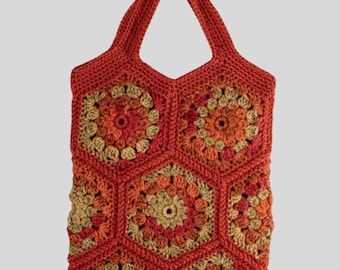 Hexagon Crochet Tote Bag Pattern PDF - Boho Granny Square Shoulder Bag - Sunflower Design