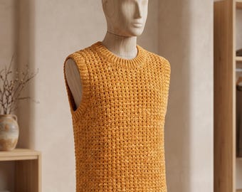 Crochet Sleeveless Tee Pattern | Mustard Knit Tank Top | Boho Sleeveless Pullover | Cozy Minimalist Fashion