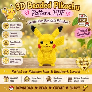 Könnte beinhalten: Ein digitales PDF-Muster für eine 3D-Perlenfigur von Pikachu. Das Bild zeigt eine gelb, schwarz und rot geperlte Pikachu-Figur, Text einschließlich 3D Beaded Pikachu Pattern PDF sowie verschiedene Symbole für Anleitungen, Diagramme und Download-Optionen.
