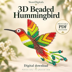 3D-pärlbroderad kolibri PDF-mönster, regnbågsfågelprydnad, DIY-pärlbroderihandledning