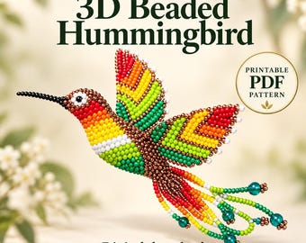 3D Beaded Hummingbird PDF Pattern, Rainbow Bird Ornament, DIY Beadwork Tutorial